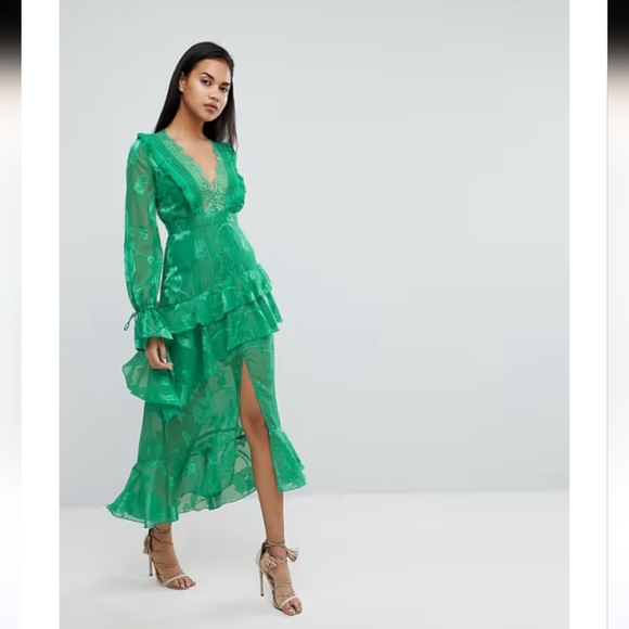 DARK PINK Frill Lacr plunge front midi dress In Hot Pink. Size 8 NWT - Picture 3 of 16